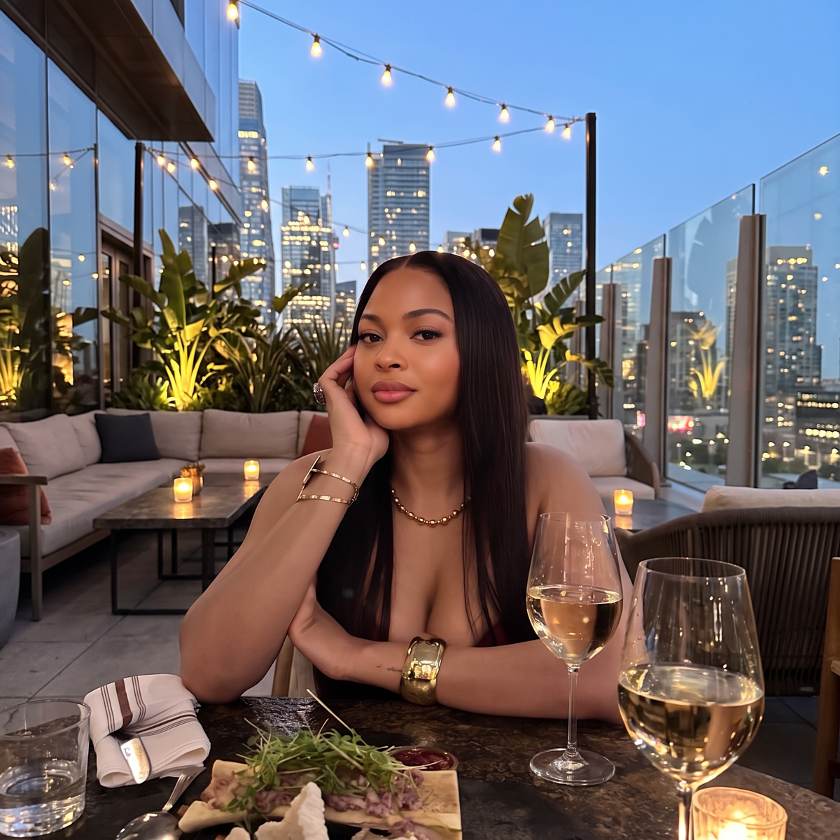 Cliente attablée en terrasse le soir, mettant en valeur la perruque longue et lisse Naomi BYNERIMA.